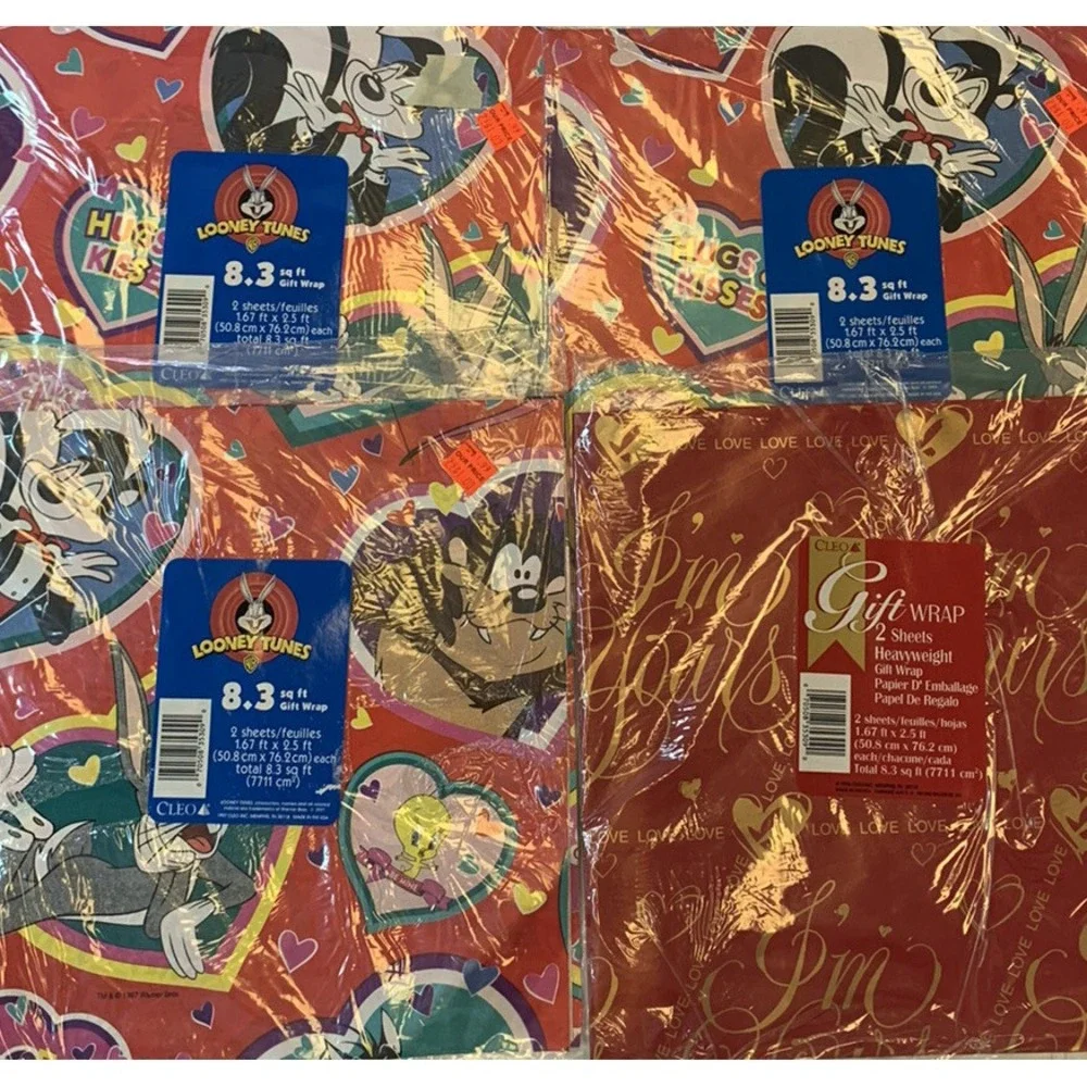 Vtg Mixed Lot Hallmark Looney Tunes Bugs Bunny Valentine's Day Gift Wrap Sheets